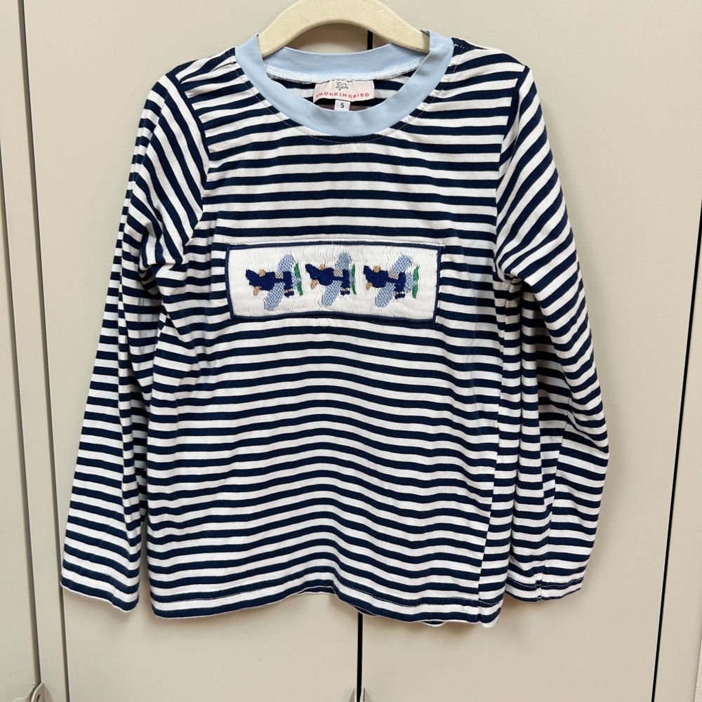Smockingbird navy long sleeve striped airplane smocked shirt - sz 5 - preppy